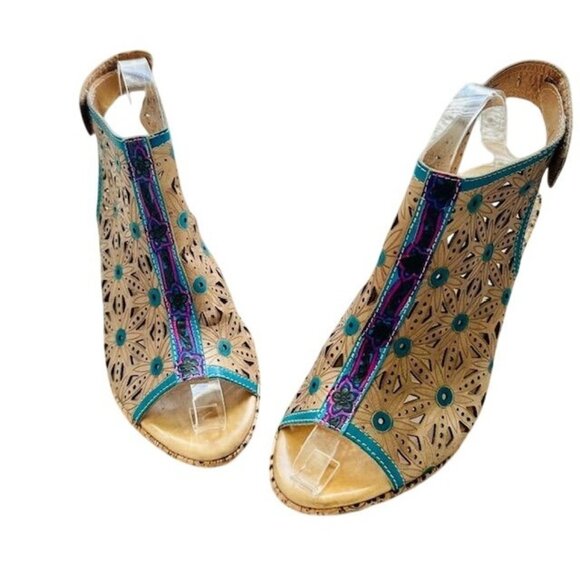L"Artiste by Spring Step VTG Floral Tan-Teal Laser-Cut Floral Slingback Heels 39 - Picture 4 of 8